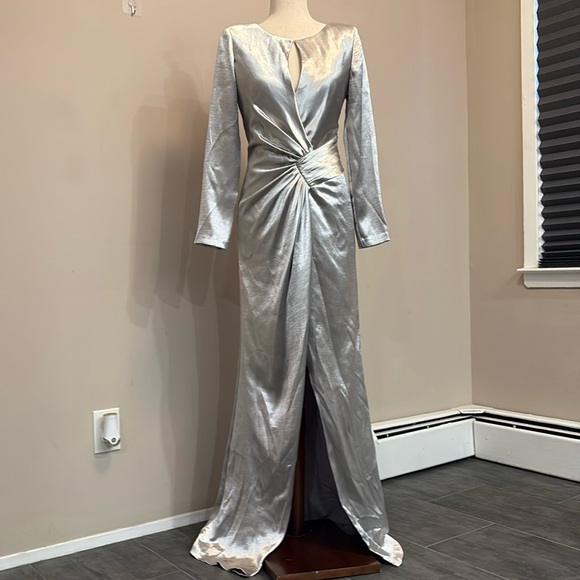 NEW Aidan Mattox evening gown maxi dress slit cut out silver formal wear - Picture 9 of 16
